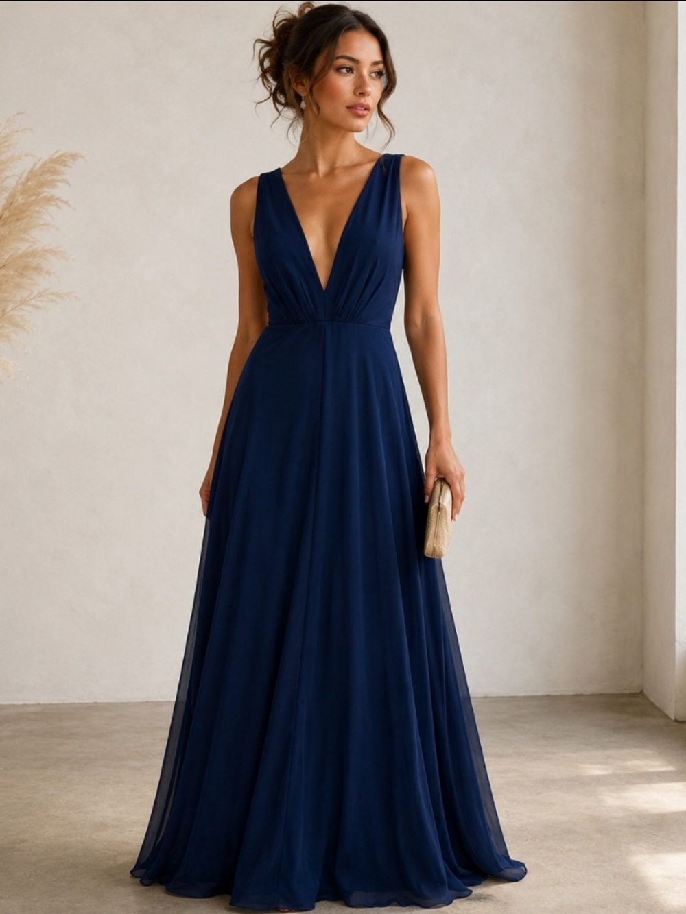 Jenny Yoo Navy Blue Beige Elegant Bridesmaid Tulle Neck Maxi Gown Dress Size 14